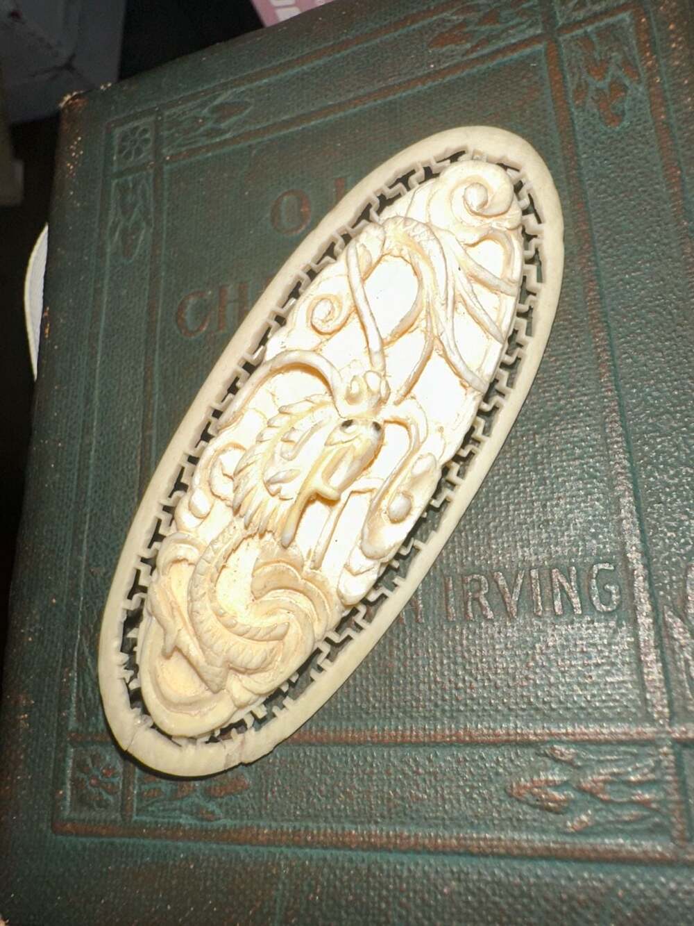Vintage Japanese Hand Carved Bone Dragon Oval Brooch Pin